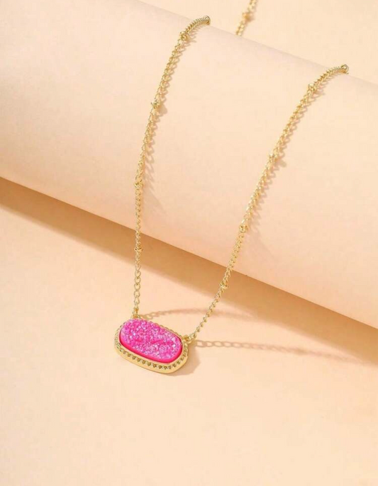 Hot Pink Druzy Oval Pendant Necklace