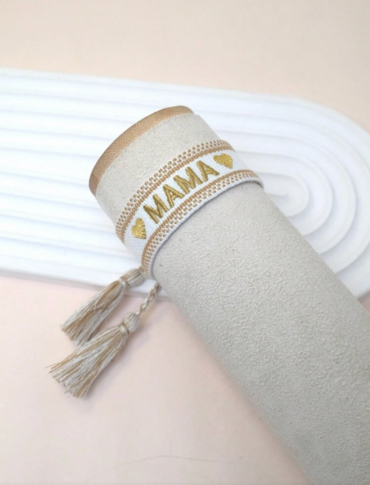 MAMA White Embroidered Heart Tassel Bracelet