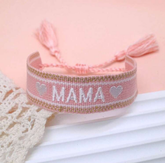 MAMA Pink Embroidered Heart Tassel Bracelet