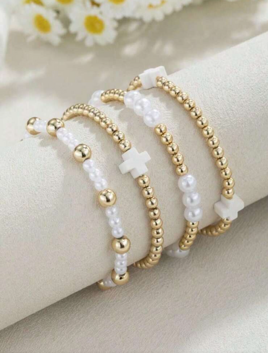 Gold Beaded Cross Bracelet Stack Set